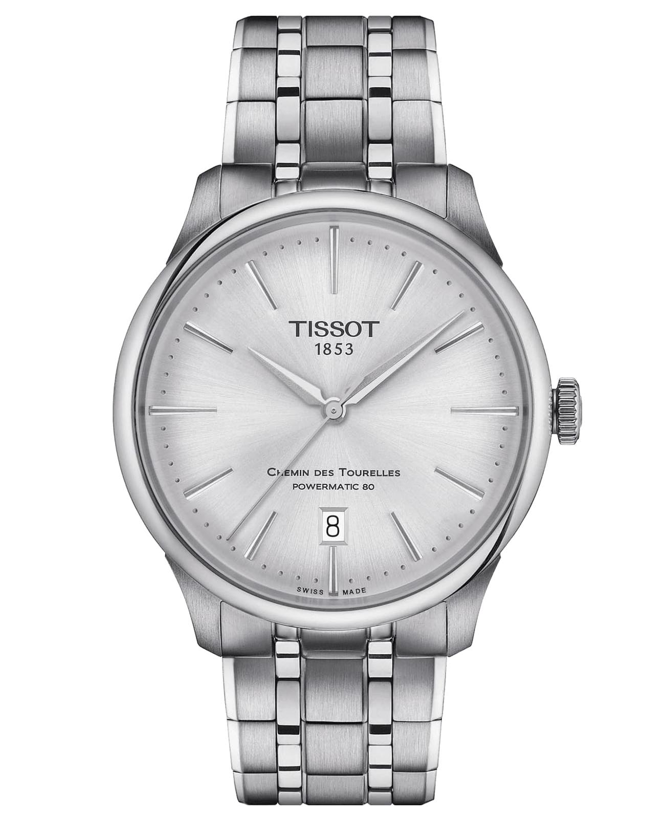 Tissot Tissot Chemin des Tourelles Powermatic 80 T139.807.11.031.00 Chemin des Tourelles T1398071103100 механические мужские часы серебристый циферблат, браслет нержавеющая сталь — вид спереди