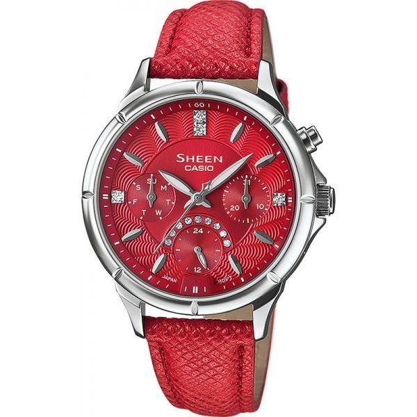Casio Casio Sheen SHE-3047L-4A  SHE-3047L-4A кварцевые женские часы красный циферблат, браслет кожа + текстиль — вид спереди