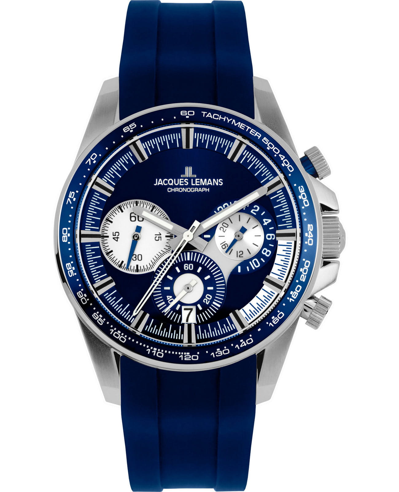 Jacques Lemans Jacques Lemans Sport 1-2127B  1-2127B кварцевые мужские часы синий циферблат, браслет силикон — вид спереди