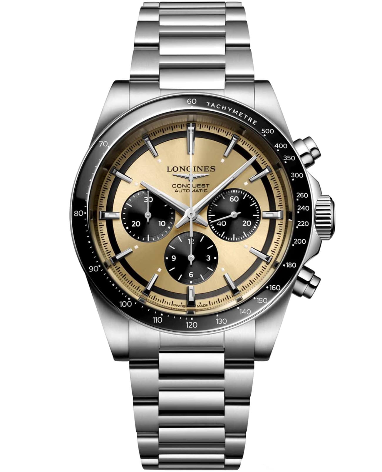 Longines Longines Conquest L3.835.4.32.6  L38354326 механические мужские часы шампань циферблат, браслет нержавеющая сталь — вид спереди