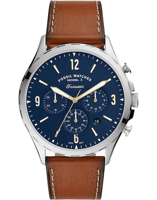 Fossil Fossil FB-01  FS5607  FS5607 кварцевые мужские часы синий циферблат, браслет кожаный — вид спереди