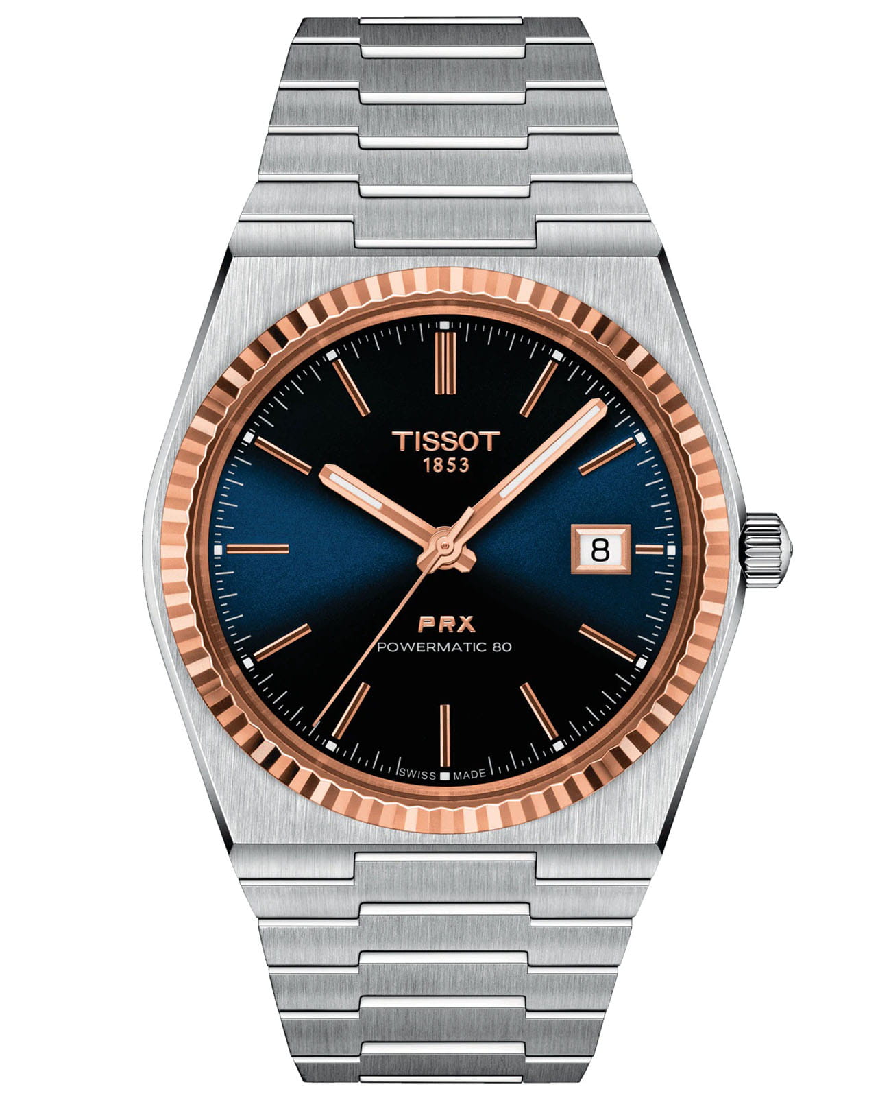 Tissot Tissot PRX Powermatic 80 18K Gold Bezel T931.407.41.041.00  T9314074104100 механические мужские часы синий циферблат, браслет нержавеющая сталь — вид спереди