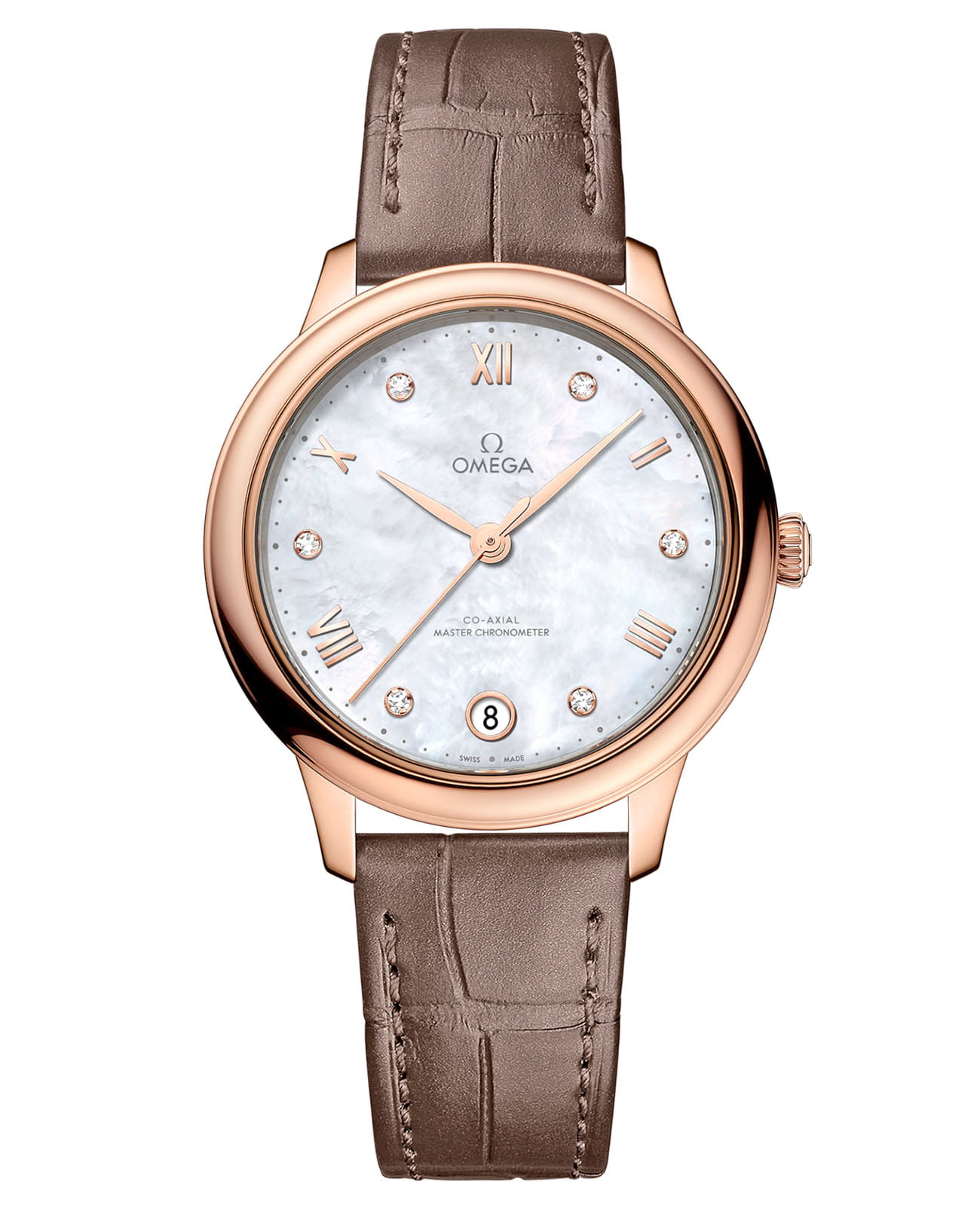 Omega Omega De Ville Prestige 434.53.34.20.55.001 Prestige 43453342055001 механические женские часы перламутровый циферблат, браслет кожаный — вид спереди