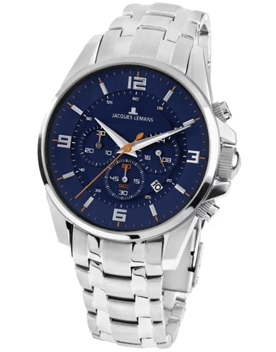 Jacques Lemans Jacques Lemans 1-1857H  1-1857H кварцевые мужские часы синий циферблат, браслет нержавеющая сталь — вид спереди