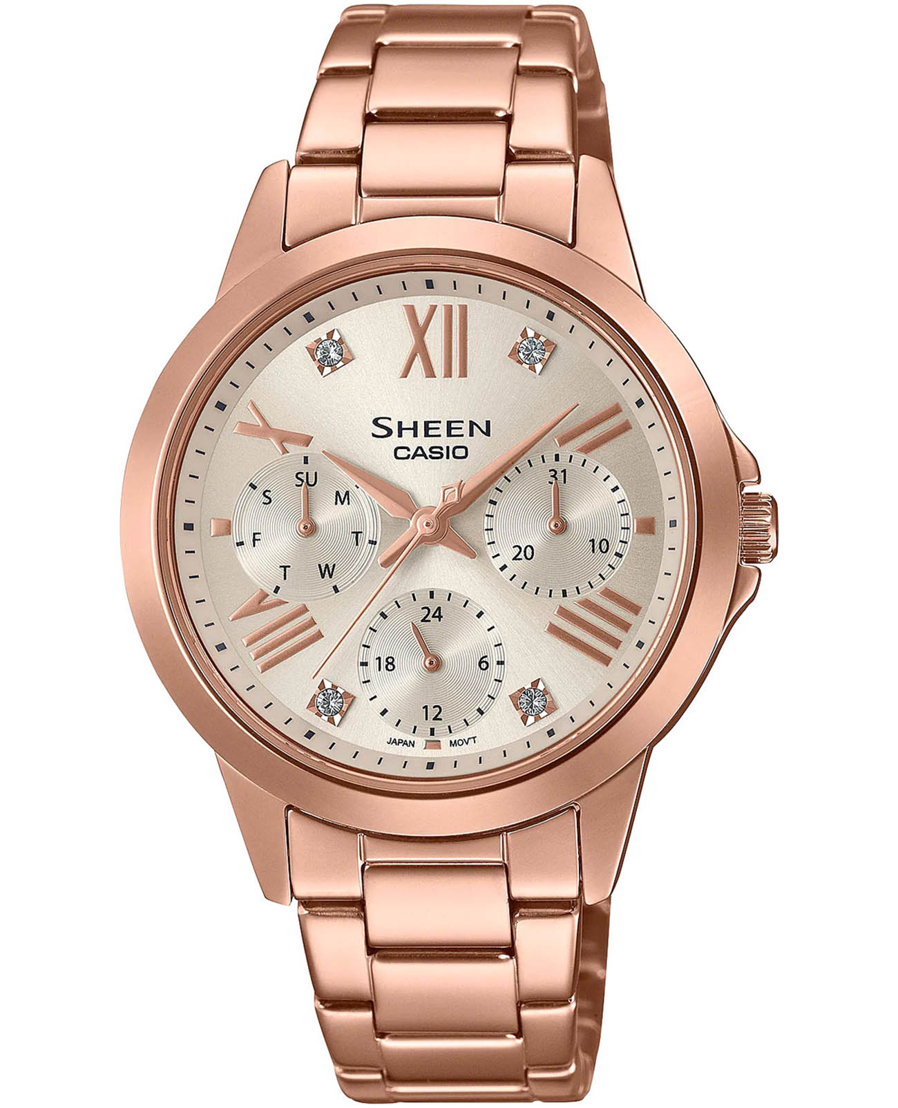 Casio Casio Sheen SHE-3516PG-9AUEF  SHE-3516PG-9AUEF кварцевые женские часы серебристый циферблат, браслет нержавеющая сталь с ip-покрытием — вид спереди