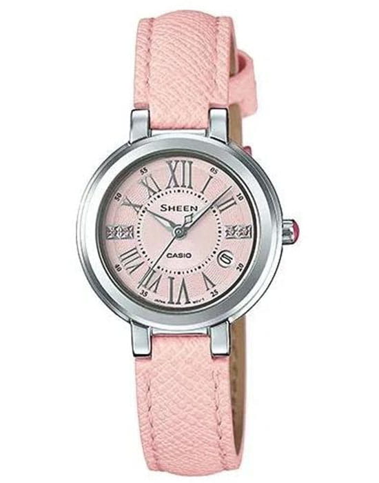 Casio Casio Sheen SHE-4029L-4A  SHE-4029L-4A кварцевые женские часы розовый циферблат, браслет кожаный — вид спереди