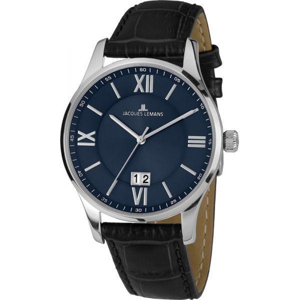 Jacques Lemans Jacques Lemans 1-1845O  1-1845O кварцевые мужские часы синий циферблат, браслет кожаный — вид спереди