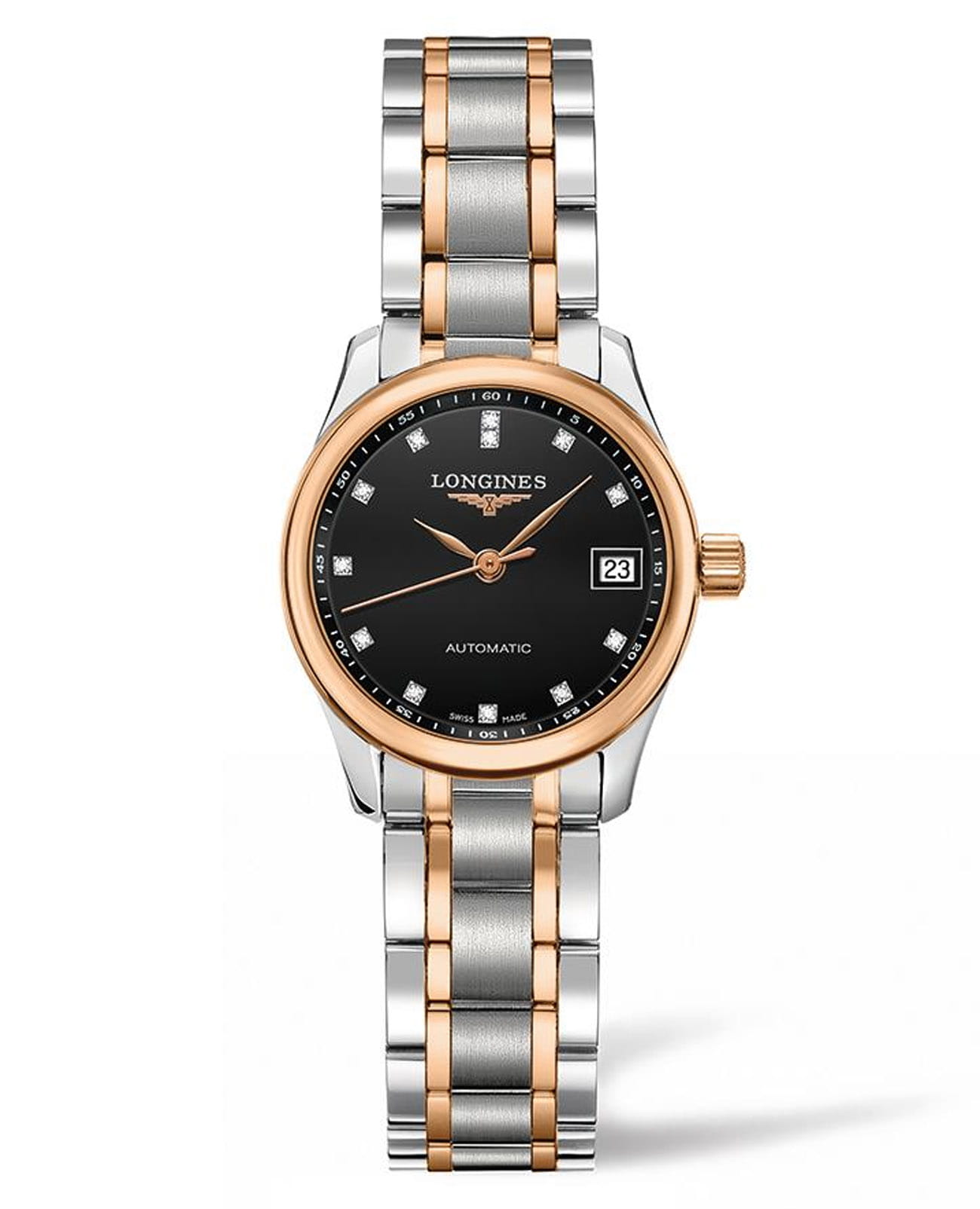 Longines Longines Master Collection L2.128.5.59.7  L21285597  механические женские часы черный циферблат, браслет нержавеющая сталь и 18 каратное розовое золото — вид спереди