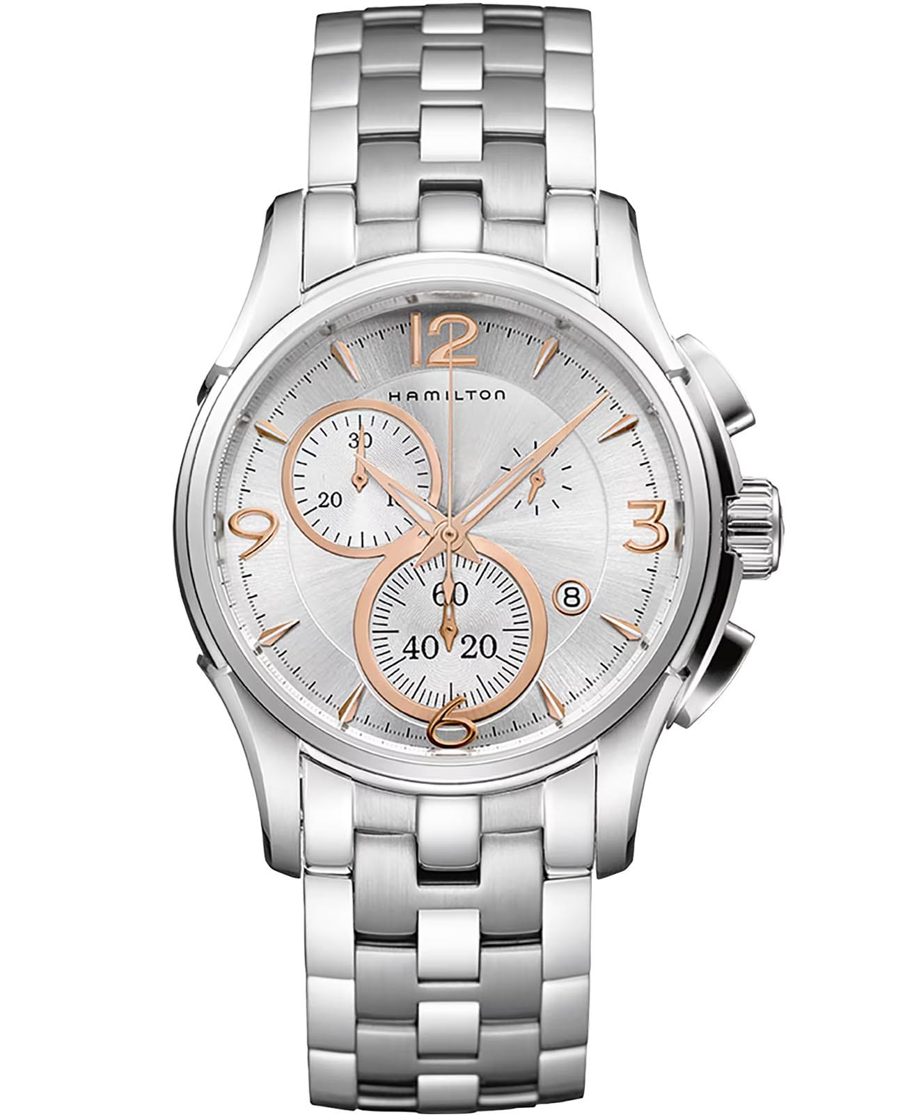Hamilton Hamilton Jazzmaster Chrono Quartz H32612155  H32612155 кварцевые мужские часы серебристый циферблат, браслет нержавеющая сталь — вид спереди