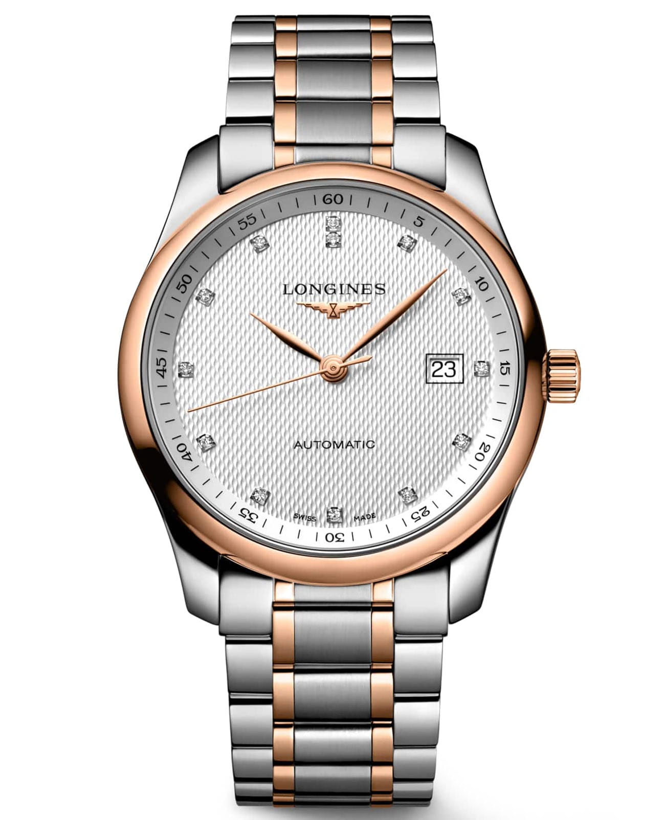 Longines Longines Master Collection L2.793.5.77.7  L27935777 механические мужские часы белый циферблат, браслет нержавеющая сталь + золото 18к — вид спереди