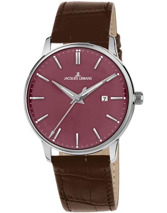 Jacques Lemans Jacques Lemans Retro Classic N-213E  N-213E кварцевые мужские часы красный циферблат, браслет кожаный — вид спереди