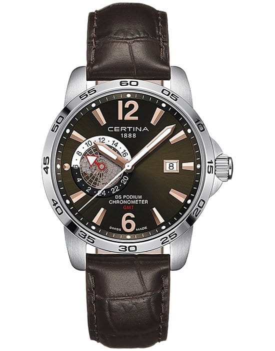 Certina Certina DS Podium GMT C034.455.16.087.01  C0344551608701 кварцевые мужские часы коричневый циферблат, браслет кожаный — вид спереди