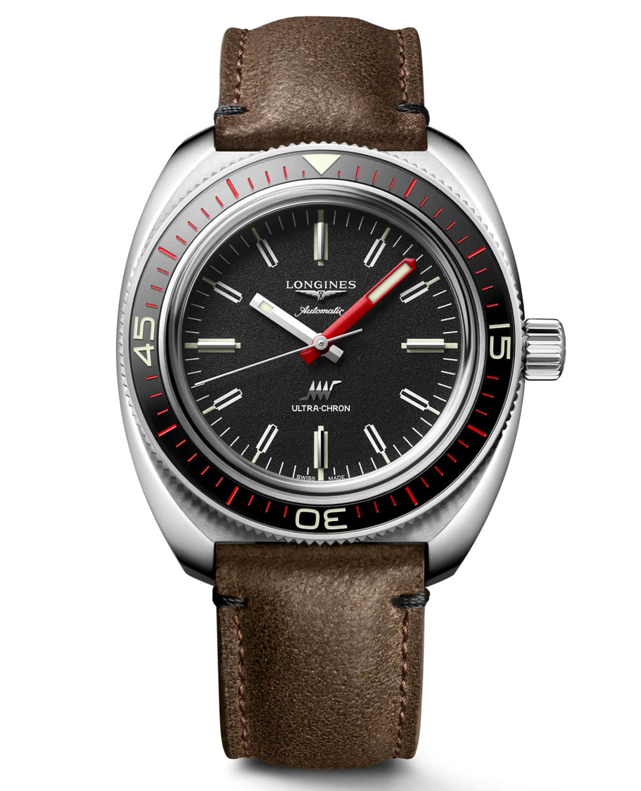 Longines Longines Ultra‑Chron Box Edition L2.836.4.52.8 Ultra-Chron L28364528 механические мужские часы черный циферблат, браслет кожаный — вид спереди