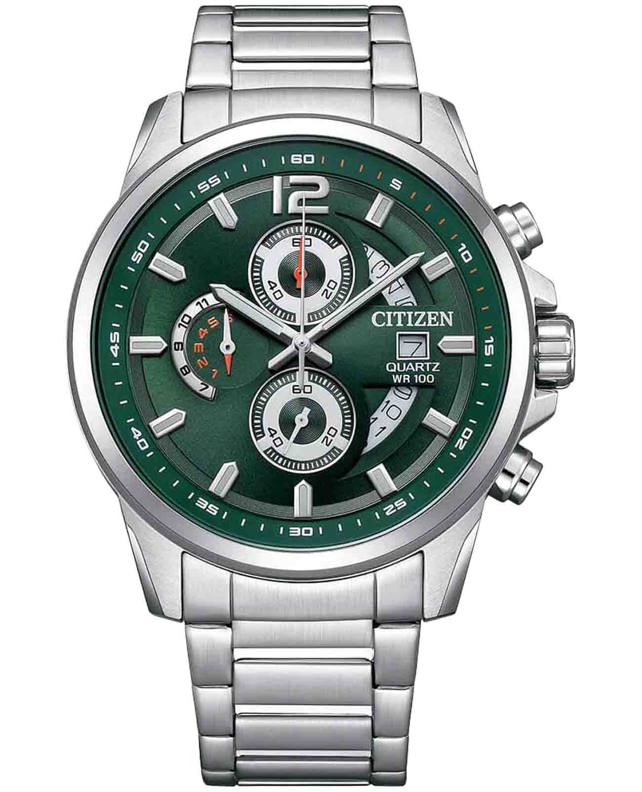 Citizen Citizen Chronograph AN3690-56X  AN3690-56X кварцевые мужские часы зеленый циферблат, браслет нержавеющая сталь — вид спереди
