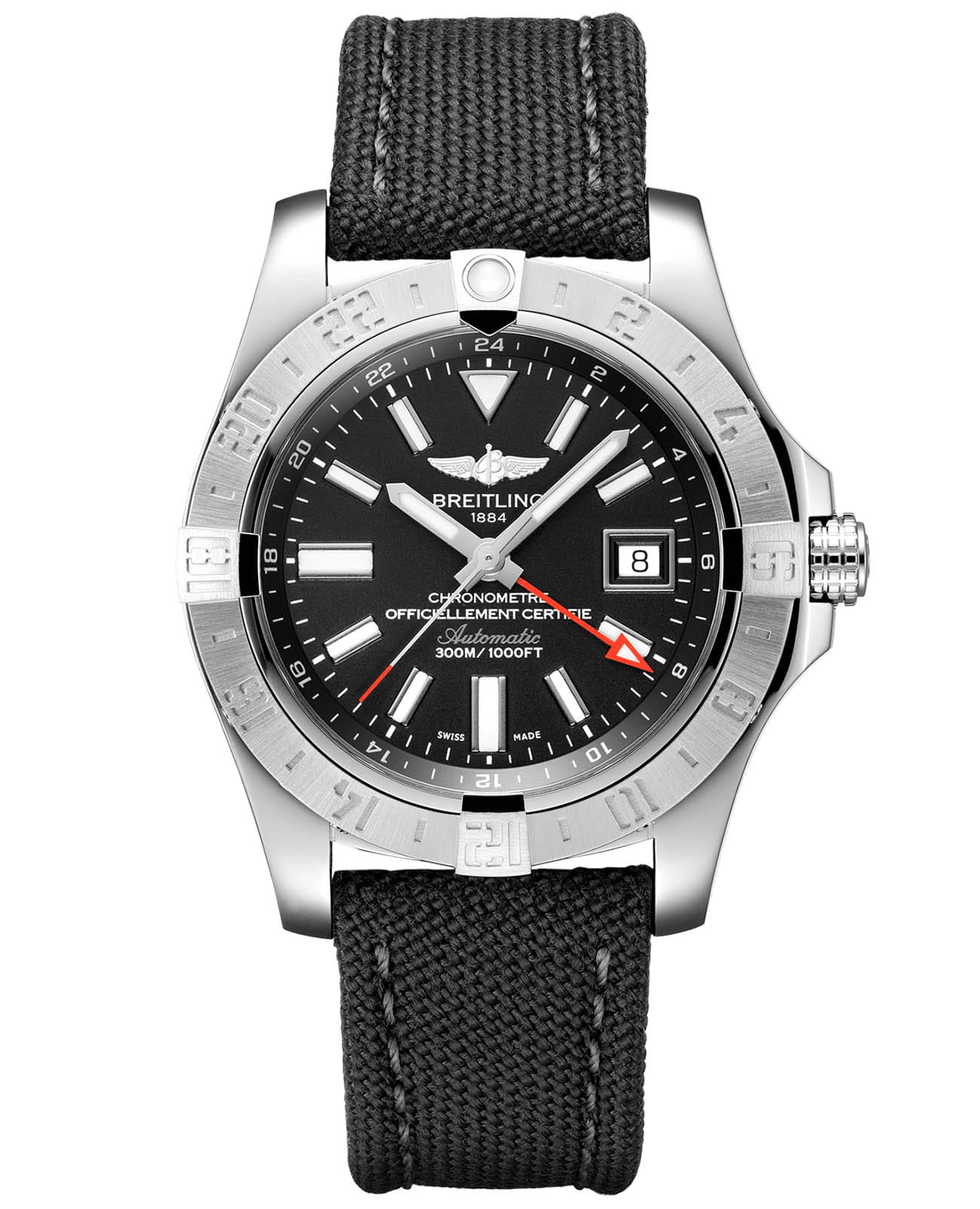 Breitling Breitling Avenger II GMT A32390111B1W1  A32390111B1W1 механические мужские часы черный циферблат, браслет полиамидная ткань — вид спереди