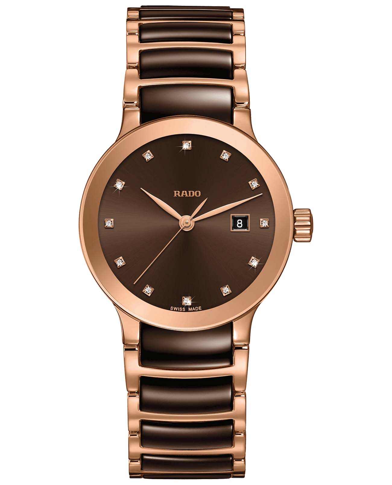Rado Rado Centrix Automatic Diamonds R30555724 Automatic R30555724 механические женские часы коричневый циферблат, браслет сталь + pvd + керамика — вид спереди