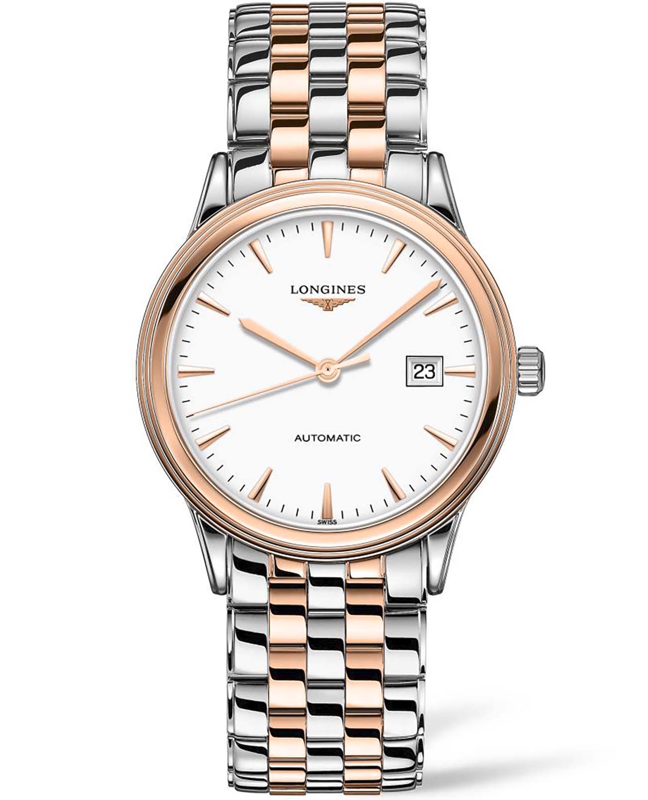 Longines Longines Flagship L4.984.3.92.7  L49843927 механические мужские часы белый циферблат, браслет сталь c pvd покрытием — вид спереди