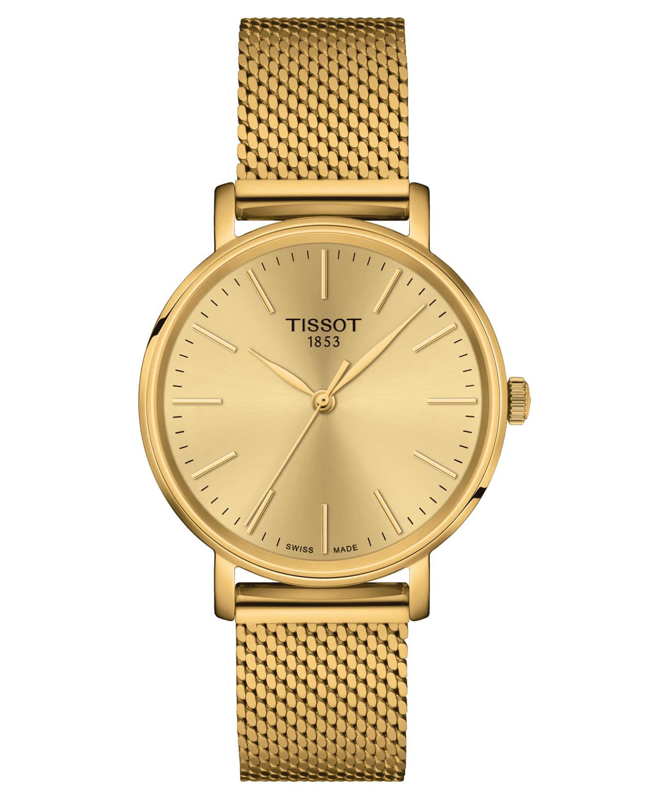 Tissot Tissot Everytime Lady T143.210.33.021.00 Everytime T1432103302100 кварцевые женские часы золотой циферблат, браслет нержавеющая сталь с pvd-покрытием — вид спереди