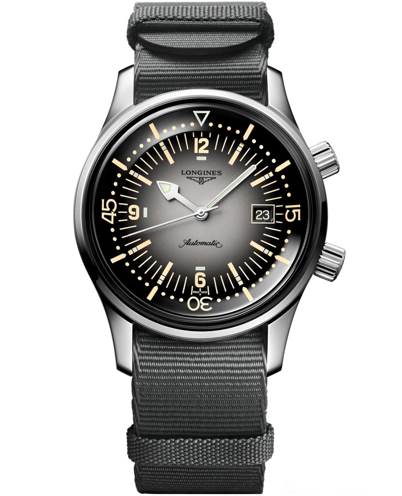 Longines Longines Legend Diver Watch L3.774.4.70.2  L37744702 механические мужские часы  циферблат, браслет тканевый — вид спереди