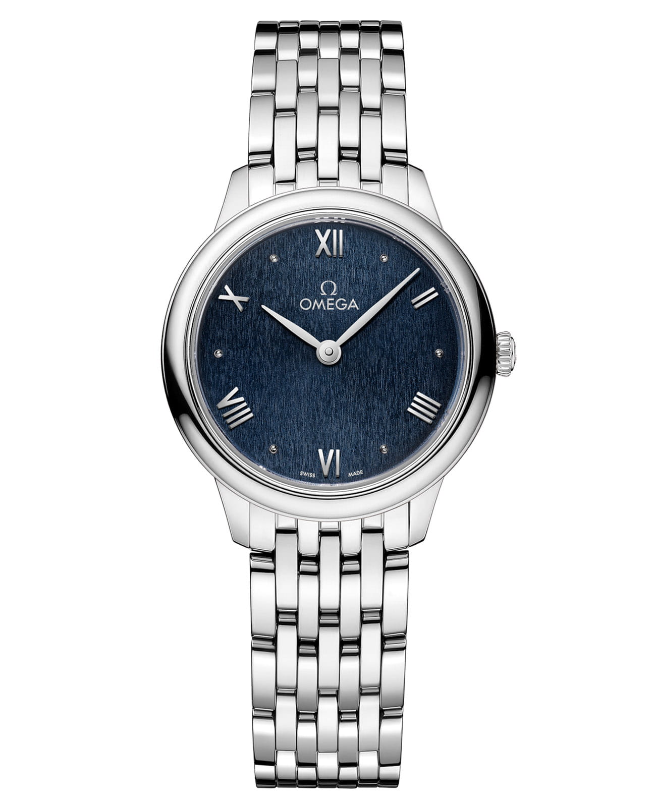 Omega Omega De Ville Prestige 434.10.28.60.03.002  Prestige 43410286003002 кварцевые женские часы синий циферблат, браслет нержавеющая сталь — вид спереди