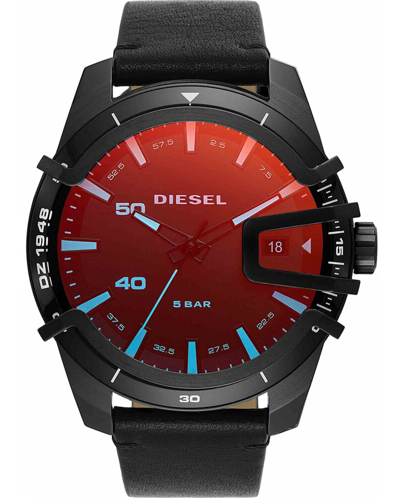 Diesel Diesel MS9 Chrono DZ1948  DZ1948 кварцевые мужские часы красный циферблат, браслет кожаный — вид спереди