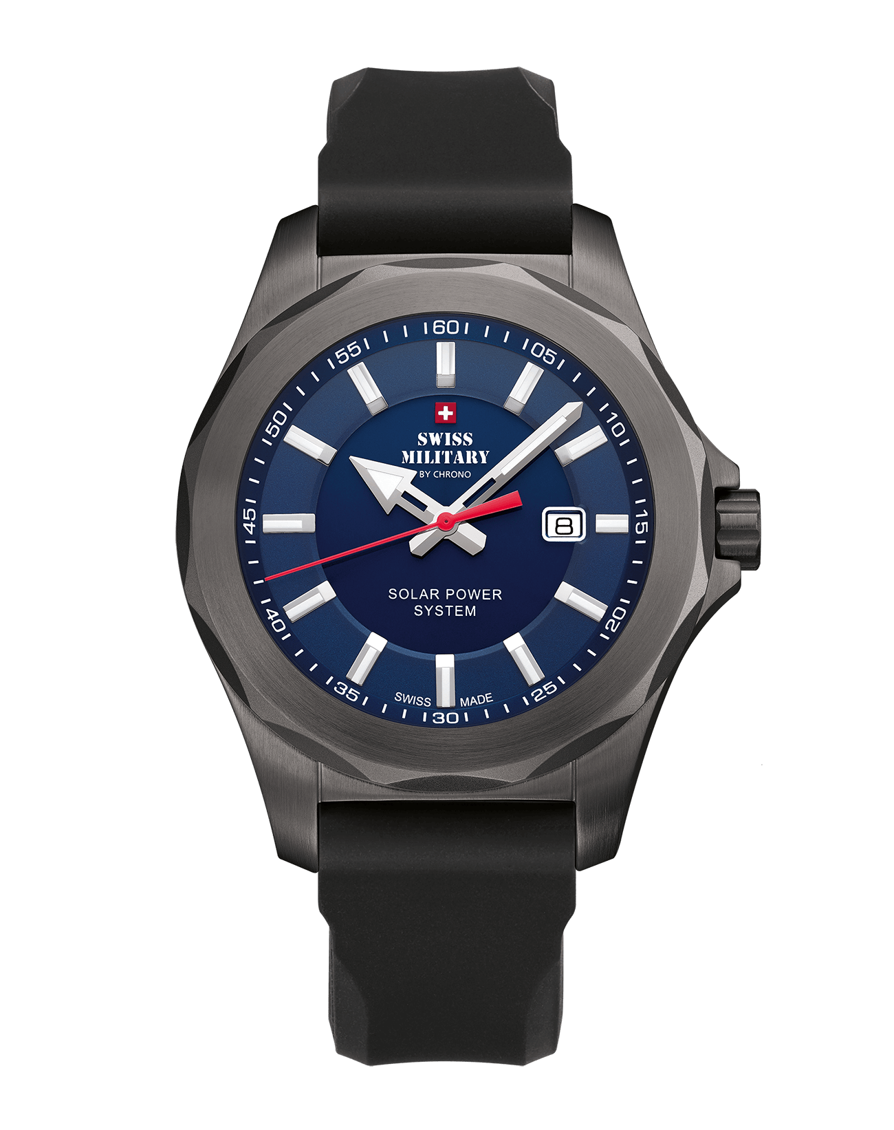 Swiss Military by Chrono Swiss Military by Chrono Solar Power SMS34073.08  SMS34073.08 кварцевые мужские часы синий циферблат, браслет кожаный — вид спереди