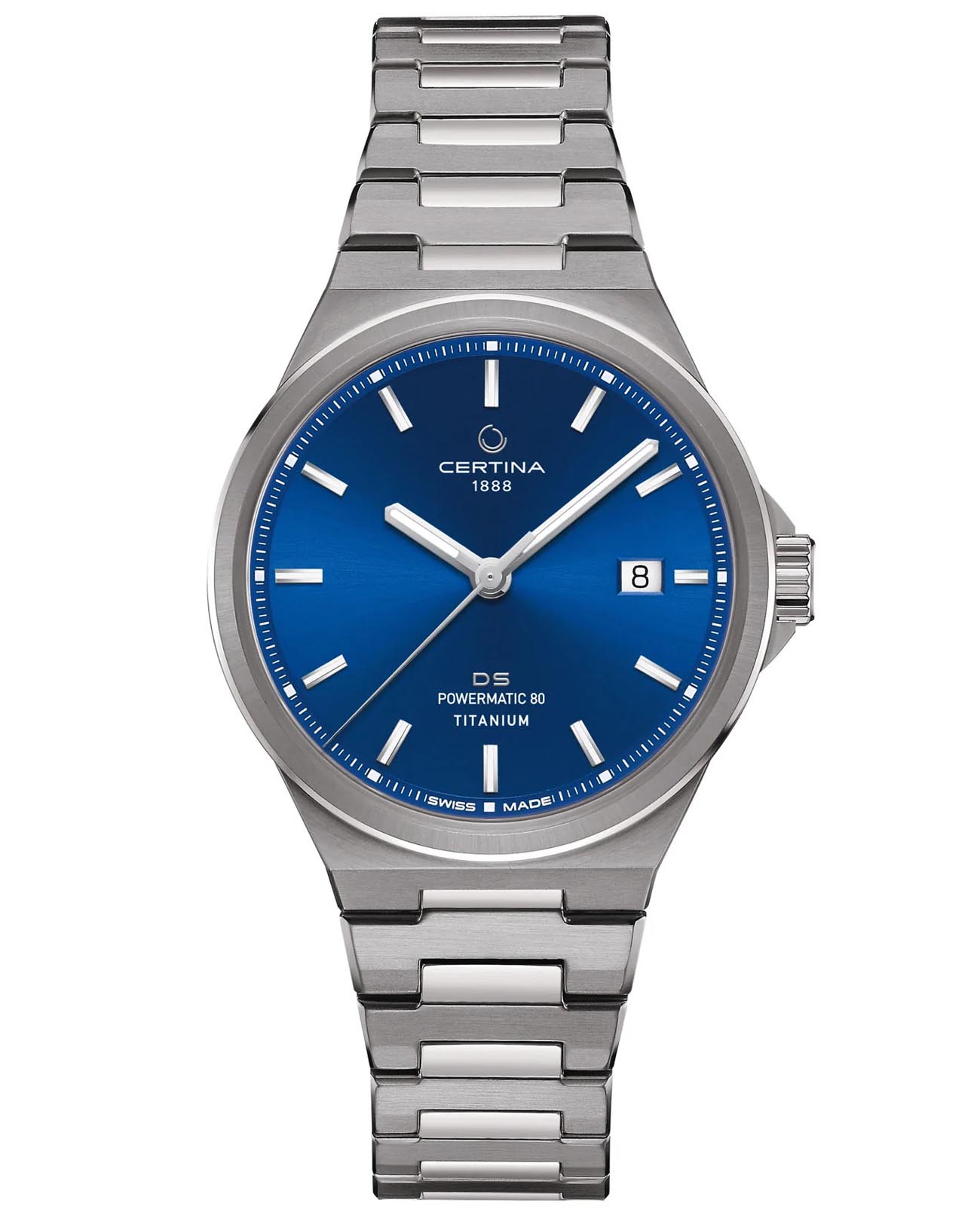 Certina Certina DS-7 Powermatic 80 - C043.407.44.041.00  C0434074404100 механические мужские часы синий циферблат, браслет титановый — вид спереди