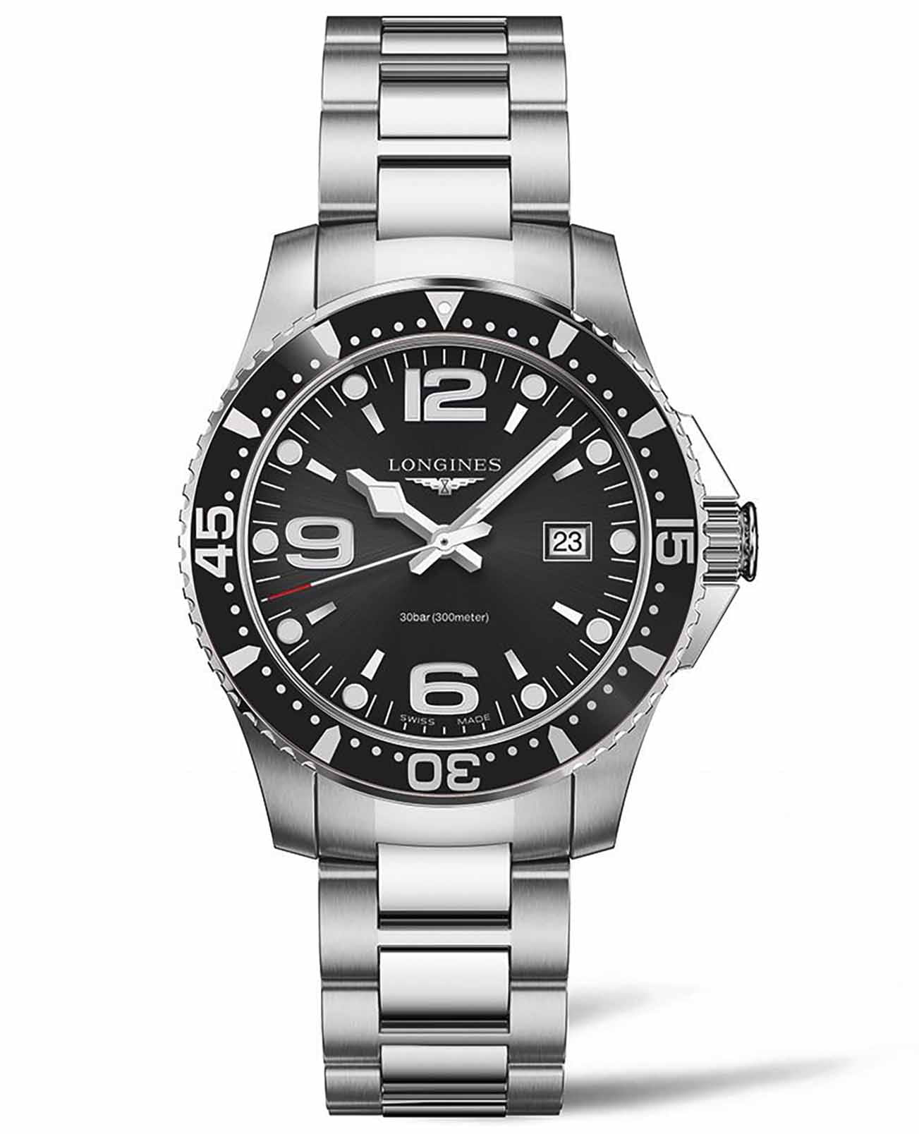Longines Longines HydroConquest L3.730.4.56.6  L37304566 кварцевые мужские часы черный циферблат, браслет нержавеющая сталь — вид спереди