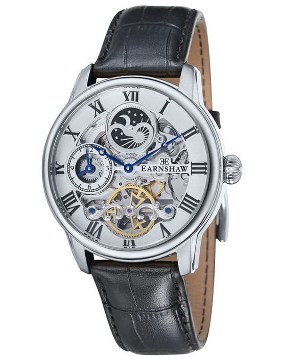 Earnshaw Earnshaw Longitude ES-8006-01  ES-8006-01 механические мужские часы серебристый циферблат, браслет кожаный — вид спереди
