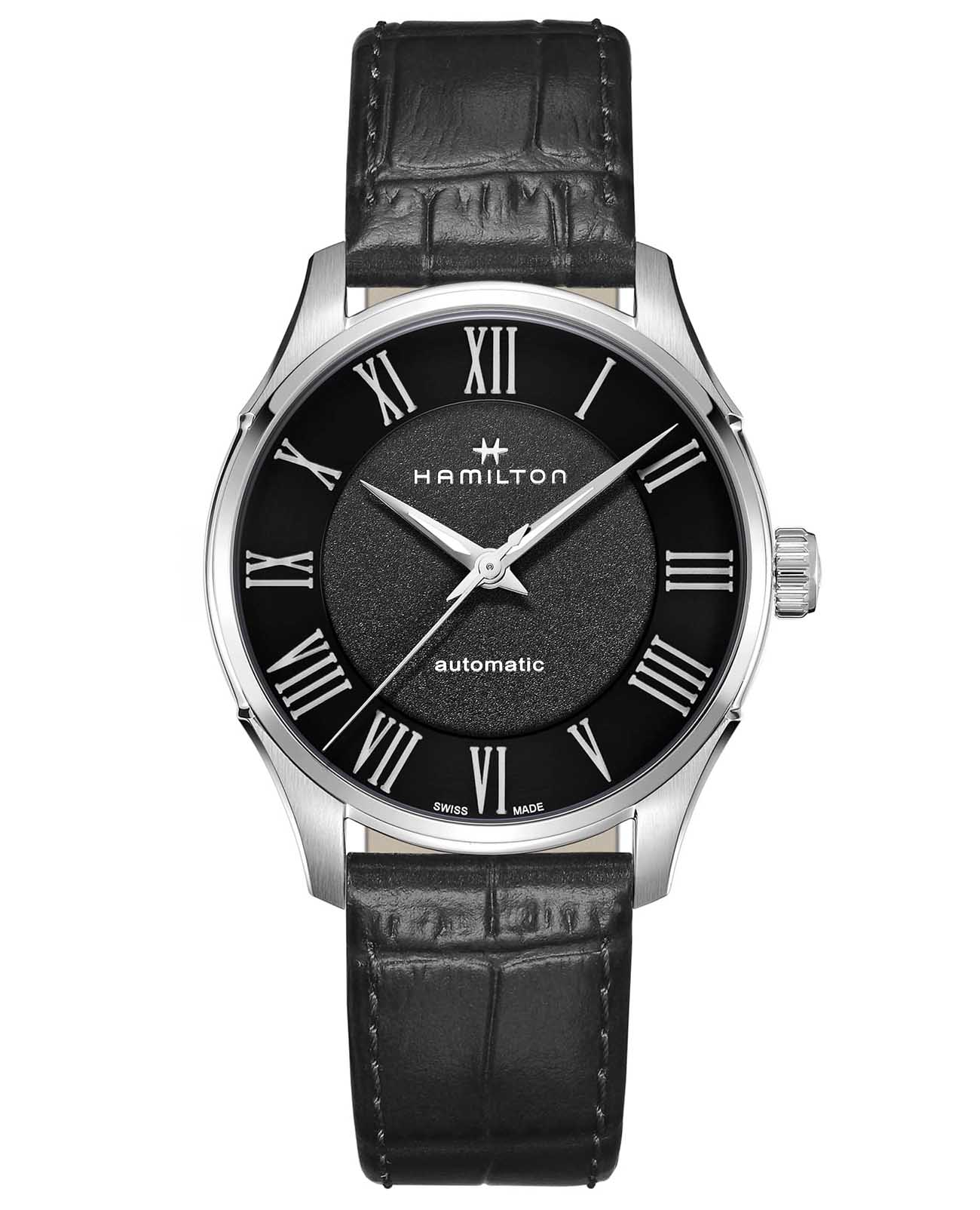 Hamilton Hamilton Jazzmaster Auto H42535730  H42535730 механические мужские часы черный циферблат, браслет кожаный — вид спереди