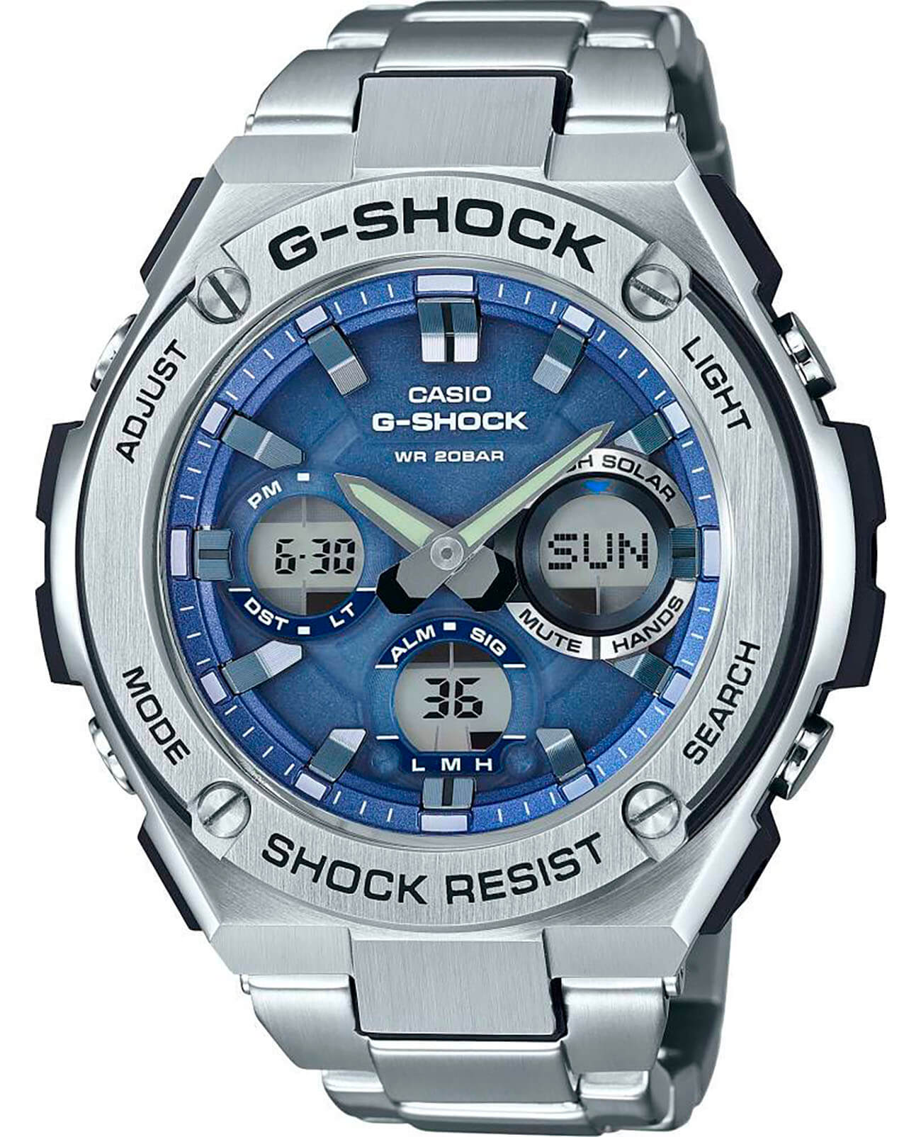 Casio Casio G-Shock GST-W110D-2A GST G-Steel GST-W110D-2A электронные мужские часы голубой циферблат, браслет нержавеющая сталь — вид спереди