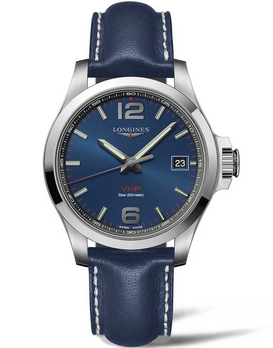Longines Longines Conquest V.H.P. L3.716.4.96.7  L37164967 кварцевые мужские часы синий циферблат, браслет кожаный — вид спереди