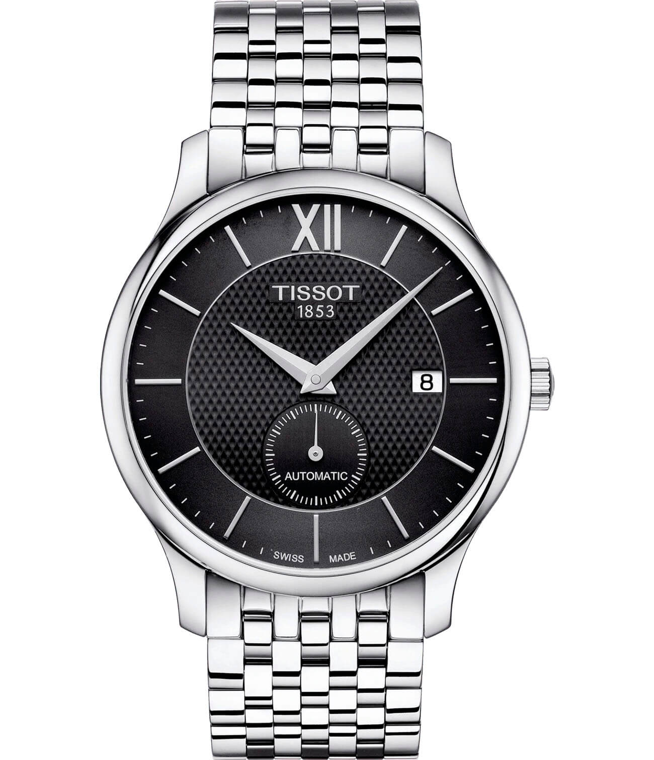 Tissot Tissot Tradition Automatic Small Second T063.428.11.058.00 Tradition T0634281105800 механические мужские часы черный циферблат, браслет нержавеющая сталь — вид спереди