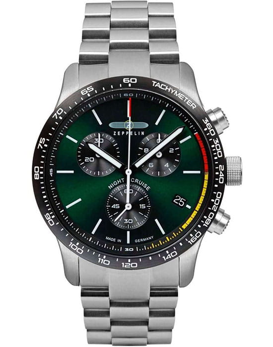 Zeppelin Zeppelin Night Cruise 7288M4  7288M4 кварцевые мужские часы зеленый циферблат, браслет нержавеющая сталь — вид спереди