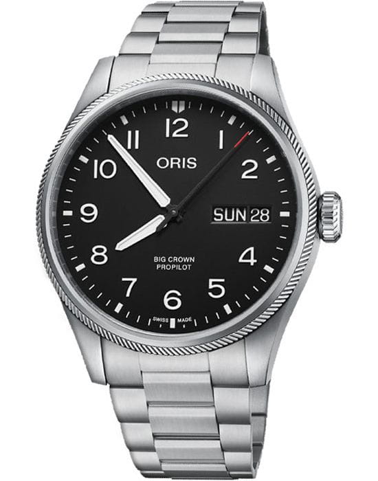 Oris Oris Propilot Big Crown Propilot Big Day Date 01 752 7760 4164-07 8 22 08  01 752 7760 4164-07 8 22 08 механические мужские часы черный циферблат, браслет нержавеющая сталь — вид спереди
