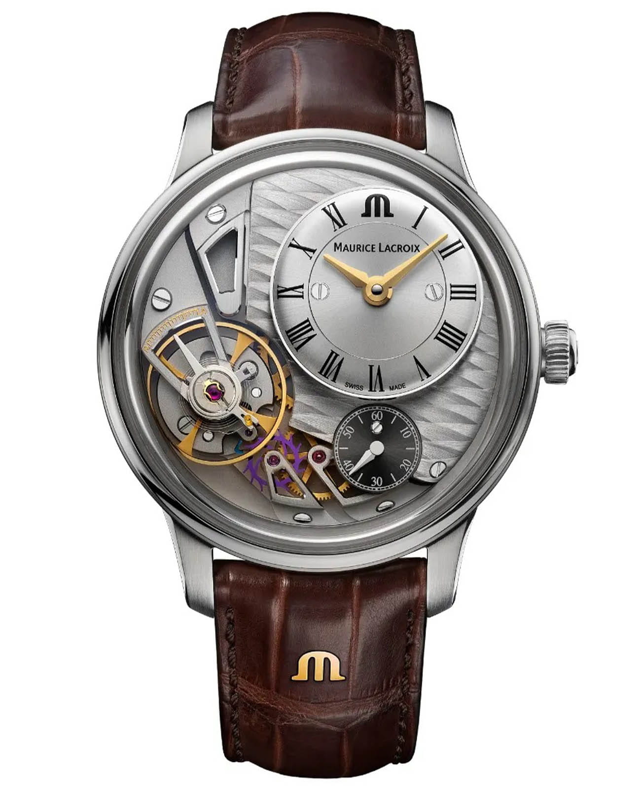 Maurice Lacroix Maurice Lacroix Masterpiece Gravity MP6118-SS001-115-1  MP6118-SS001-115-1 механические мужские часы серебристый циферблат, браслет кожаный — вид спереди