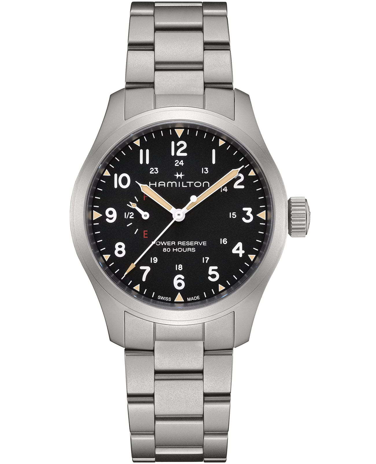 Hamilton Hamilton Khaki Field Mechanical Power Reserve 40mm H69509130  H69509130 механические мужские часы черный циферблат, браслет нержавеющая сталь — вид спереди