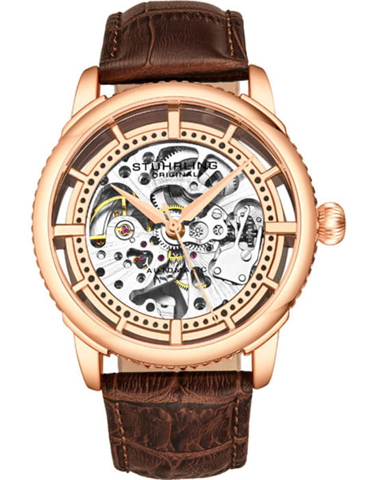 Stuhrling Stuhrling Legacy 3933.4  3933.4 механические мужские часы белый циферблат, браслет кожаный — вид спереди