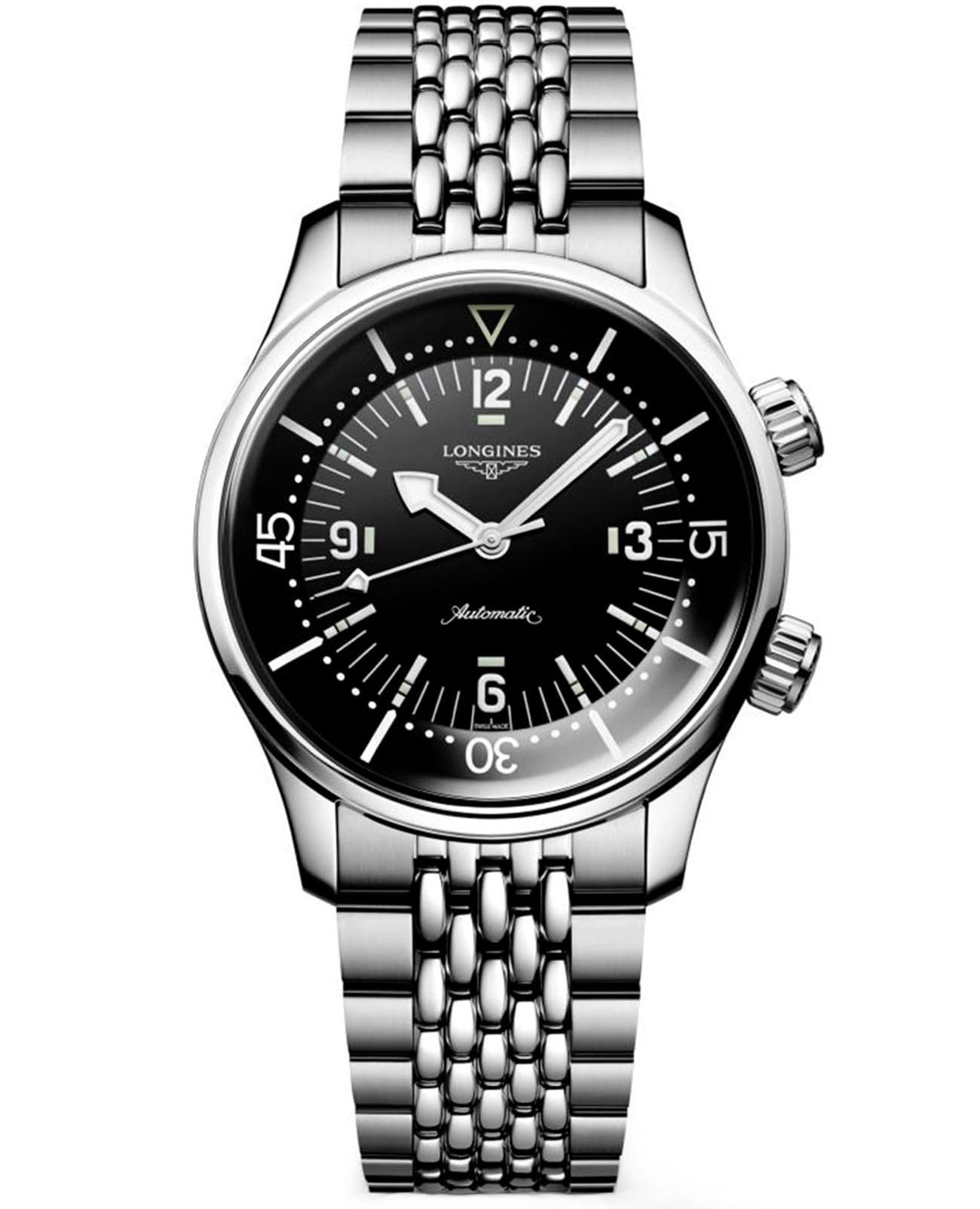 Longines Longines Legend Diver L3.764.4.50.6  L37644506 механические мужские часы черный циферблат, браслет нержавеющая сталь — вид спереди