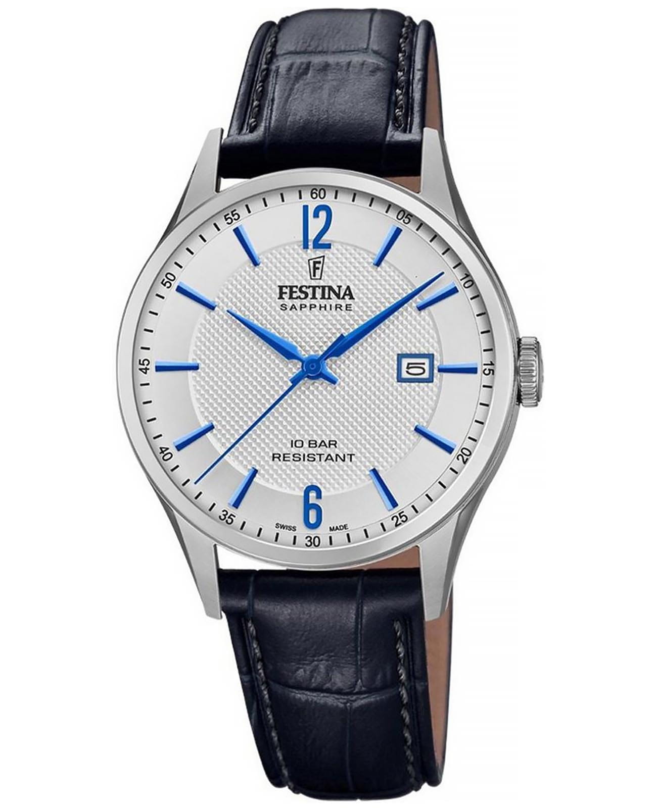 Festina Festina Classics F20007/2  F20007/2 кварцевые мужские часы белый циферблат, браслет кожаный — вид спереди