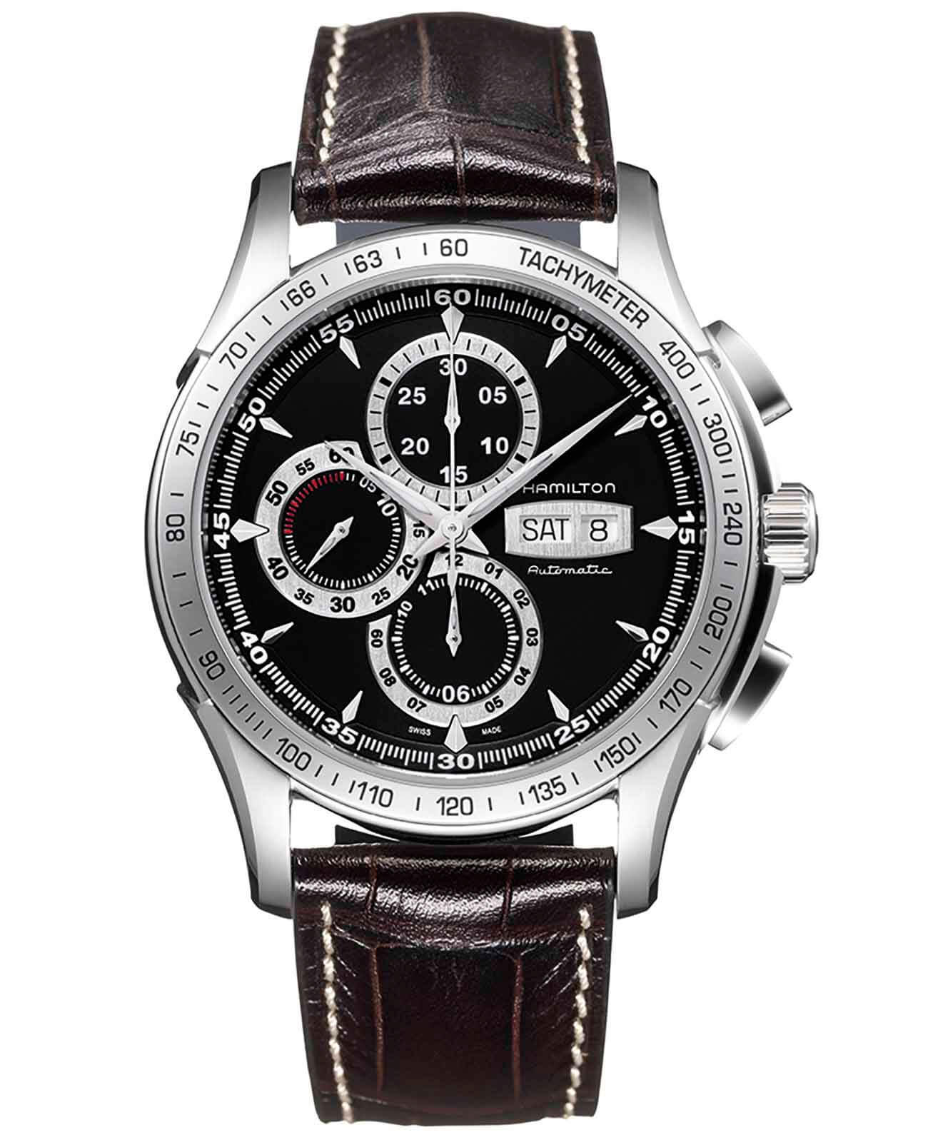 Hamilton Hamilton Jazzmaster Lord Auto Chrono H32816531  H32816531 механические мужские часы черный циферблат, браслет кожаный — вид спереди