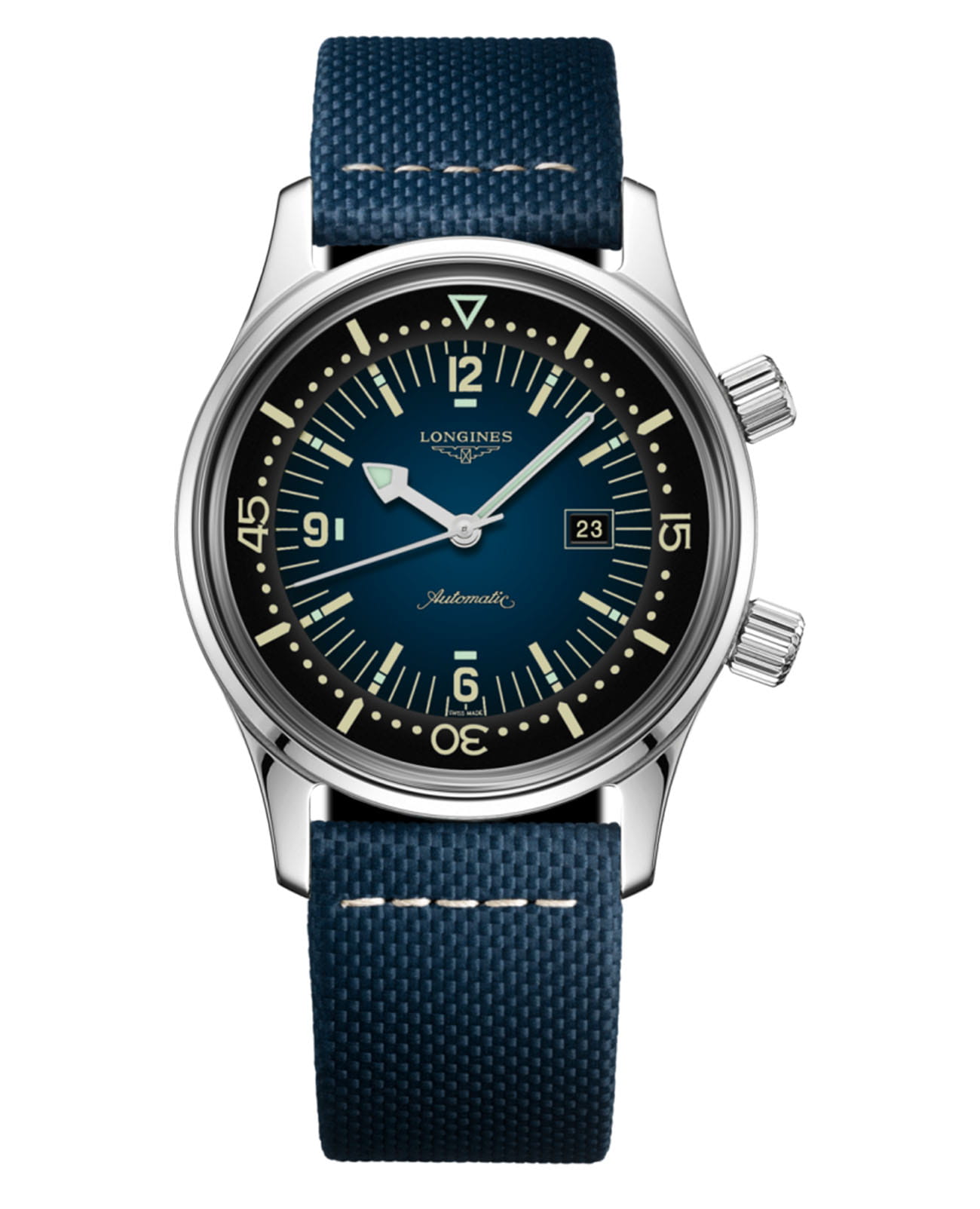 Longines Longines Legend Diver L3.374.4.90.2  L33744902 механические мужские часы синий циферблат, браслет тканевый — вид спереди