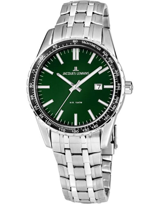 Jacques Lemans Jacques Lemans 1-2022K  1-2022K кварцевые мужские часы зеленый циферблат, браслет нержавеющая сталь — вид спереди
