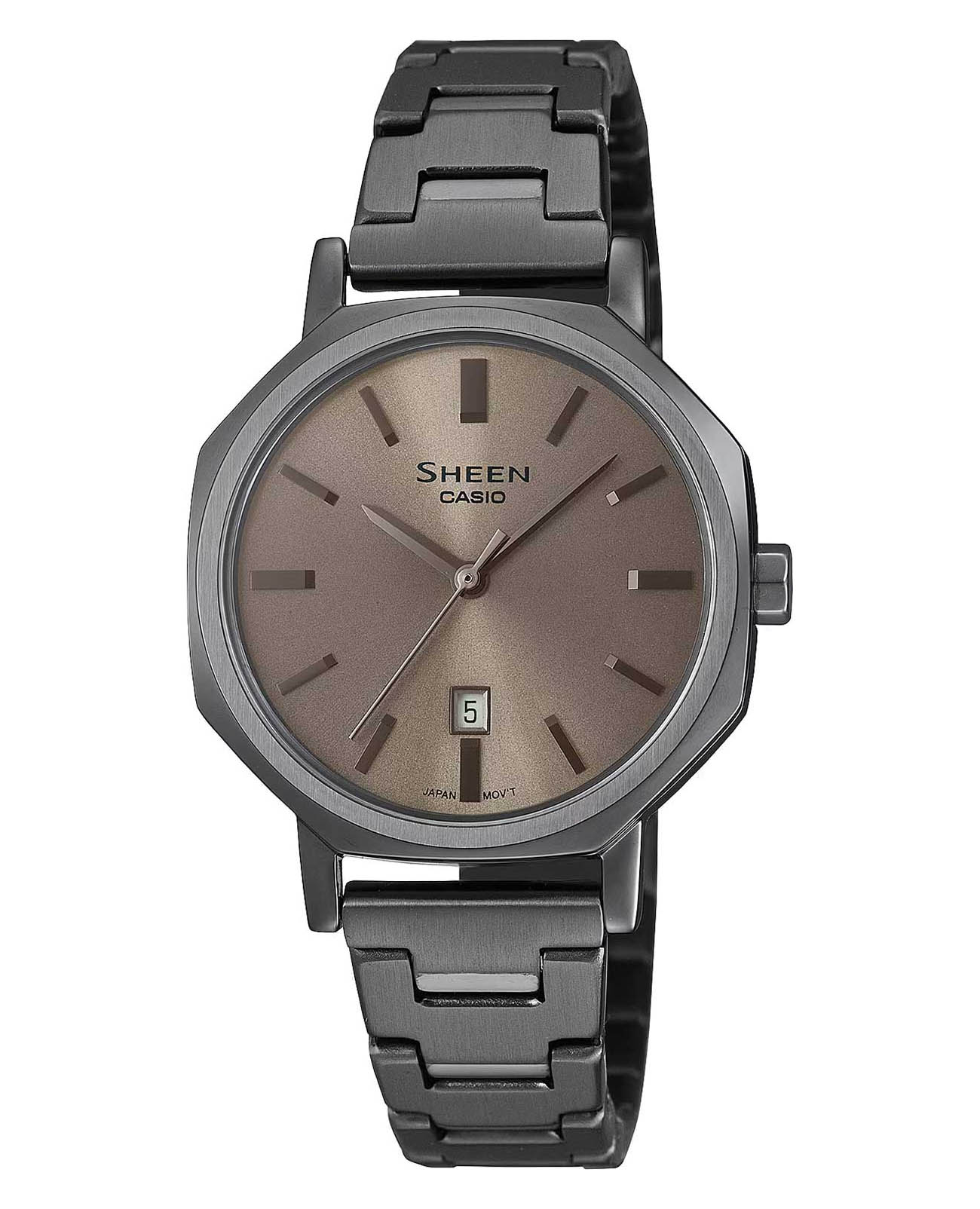 Casio Casio Sheen SHE-4554GY-5AUDF (SHE-4554GY-5A)  SHE-4554GY-5A кварцевые женские часы коричневый циферблат, браслет нержавеющая сталь с ip-покрытием — вид спереди