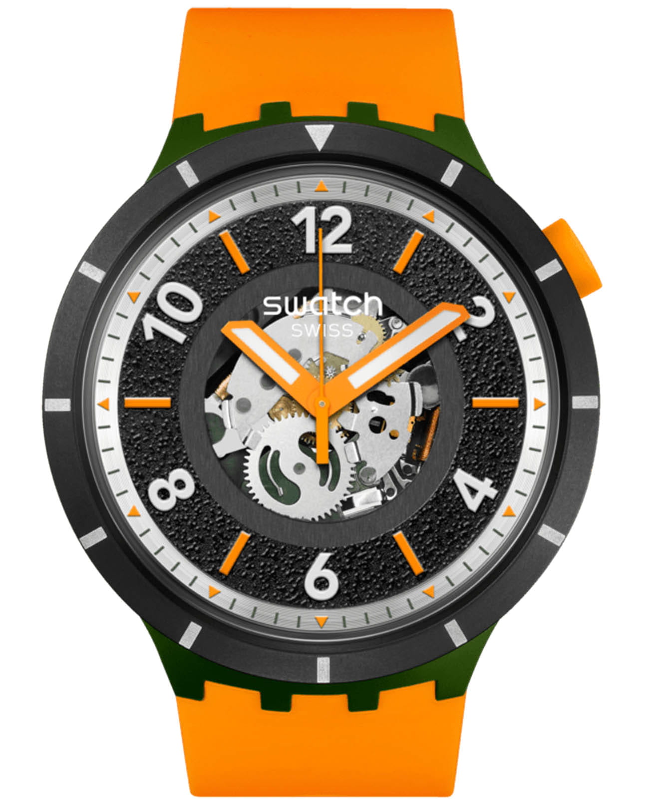 Swatch Swatch Big Bold Bioceramic SB03G107  SB03G107 кварцевые мужские часы черный циферблат, браслет силикон — вид спереди