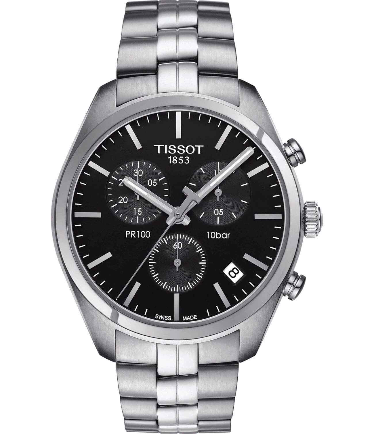 Tissot Tissot PR 100 Сhronograph T101.417.11.051.00 PR 100 T1014171105100 кварцевые мужские часы черный циферблат, браслет нержавеющая сталь — вид спереди