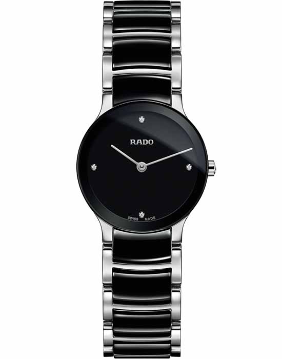 Rado Rado Centrix Diamonds R30191712  R30191712 кварцевые женские часы черный циферблат, браслет сталь + керамические вставки — вид спереди