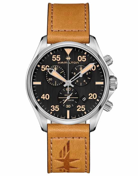 Hamilton Hamilton Khaki Aviation Pilot Chrono H76722531  H76722531 кварцевые мужские часы черный циферблат, браслет кожаный — вид спереди