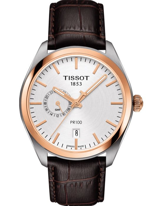 Tissot Tissot PR 100 Dual Time T101.452.26.031.00 PR 100 T1014522603100 кварцевые мужские часы белый циферблат, браслет кожаный — вид спереди