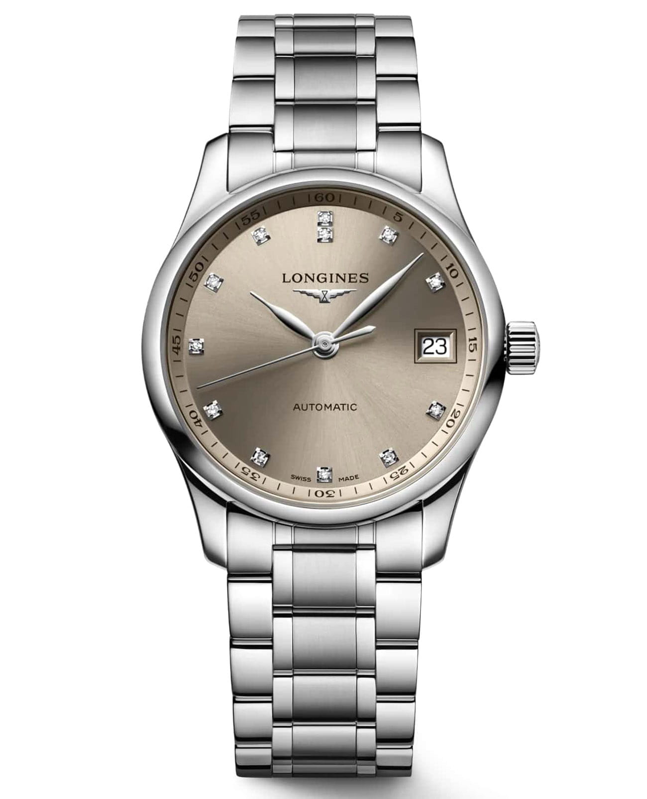 Longines Longines Master Collection L2.357.4.07.6  L23574076 механические женские часы антрацитовый циферблат, браслет нержавеющая сталь — вид спереди